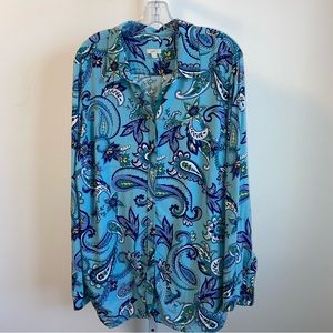 Talbots Button Front Shirt Blue Paisley Print Blouse Rayon Long Sleeve Roll Tab